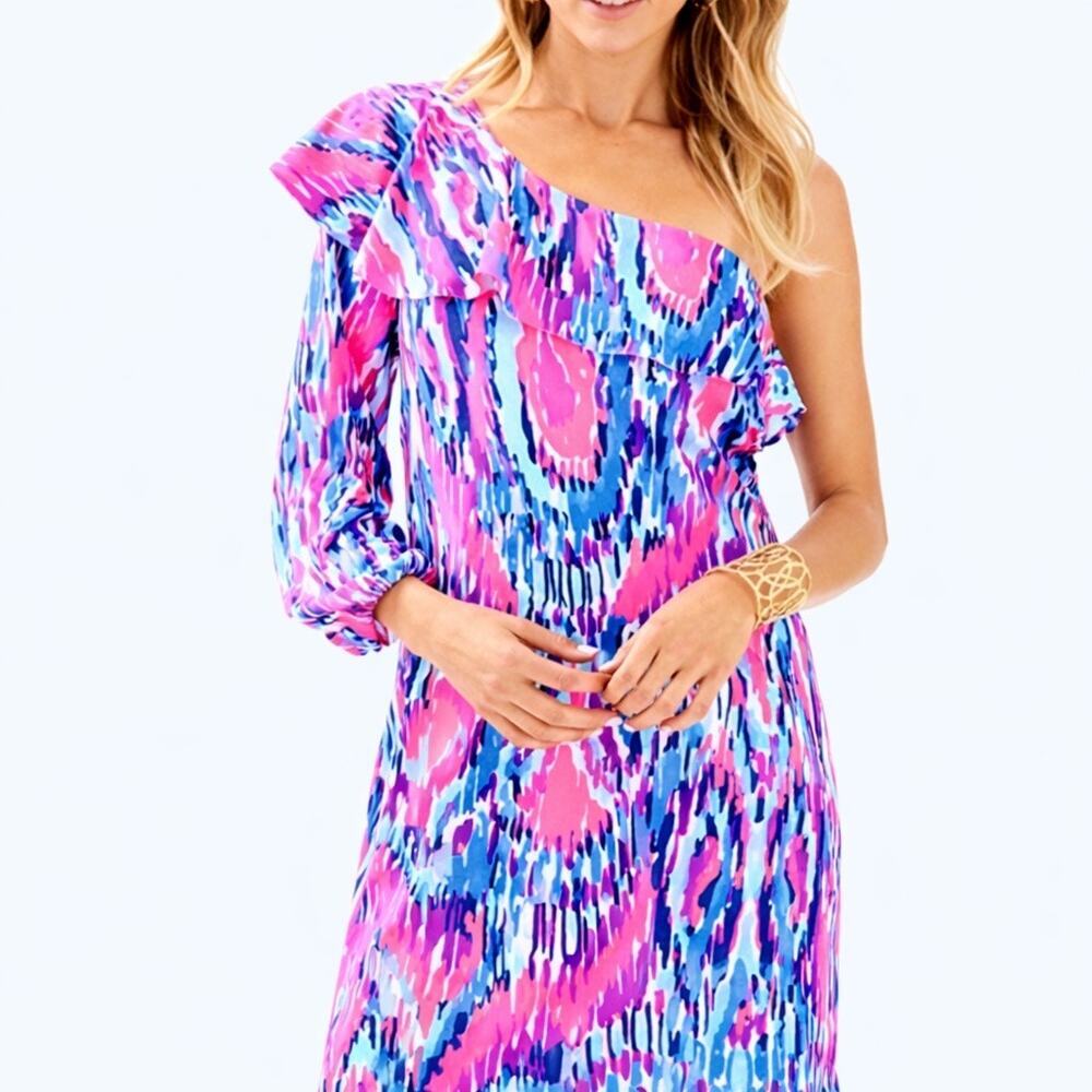 Lilly Pulitzer Amante One Shoulder Silk Jersey Ruffle Dress Free Spirit Medium